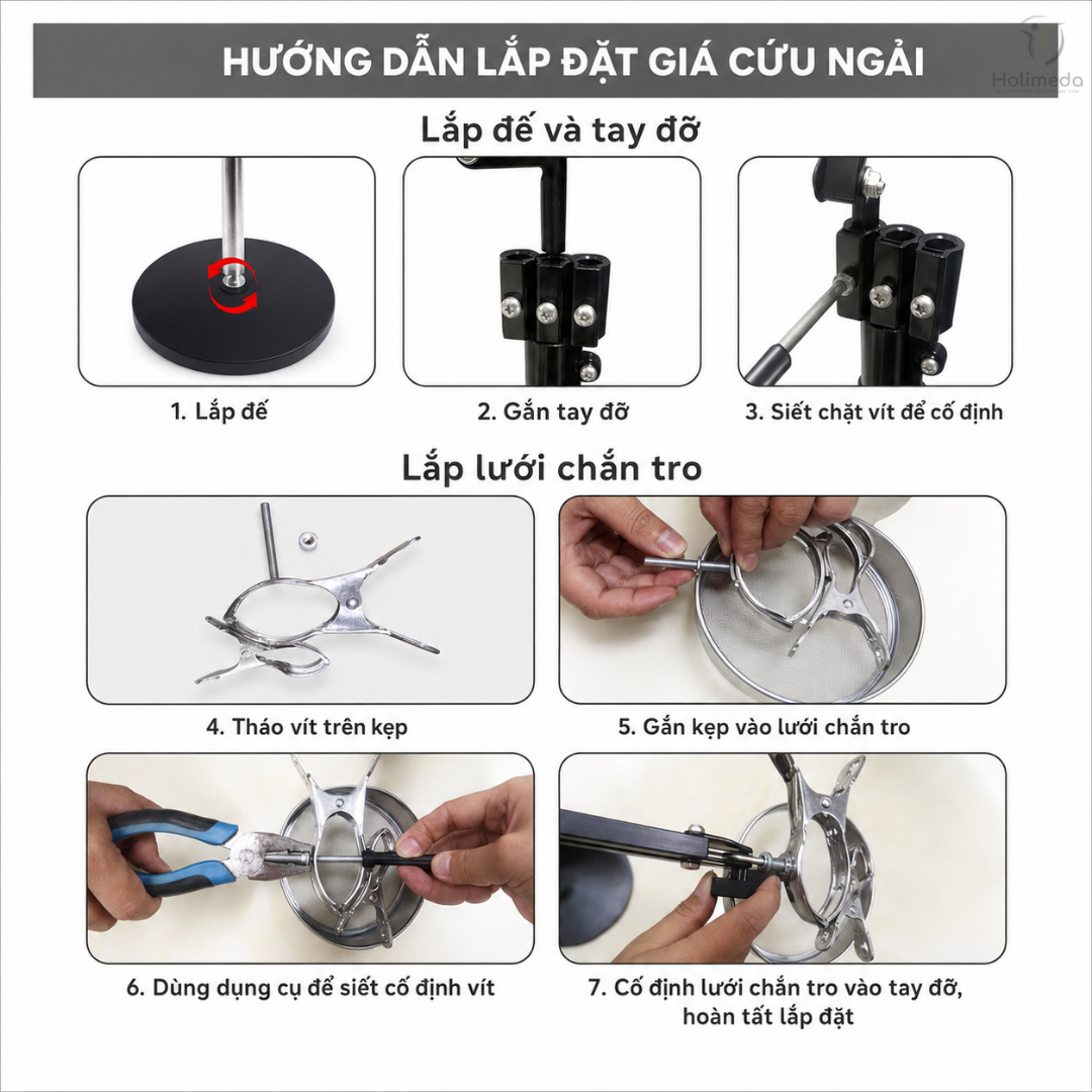 Hướng dẫn lắp đặt giá đỡ ngải cứu 2 đầu đặt sàn đế trụ tròn